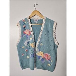 Vintage Koret Petites Embroidered Floral Sweater Vest Cottagecore Blue M‎